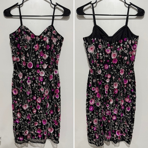 Mac Duggal Slim Strap Bustier Top Floral Beaded Mini Dress Style #10012 - Picture 5 of 8